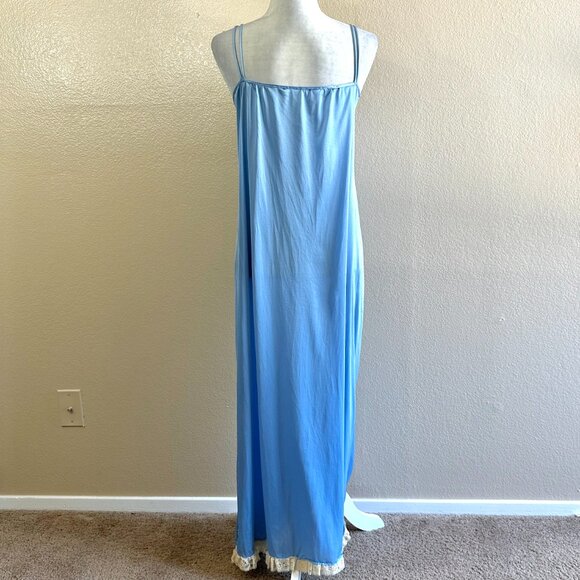 Mistra Vtg 80s Light Blue Ruffle Bibe Embroidered Floral Maxi Nightgown - Picture 7 of 8